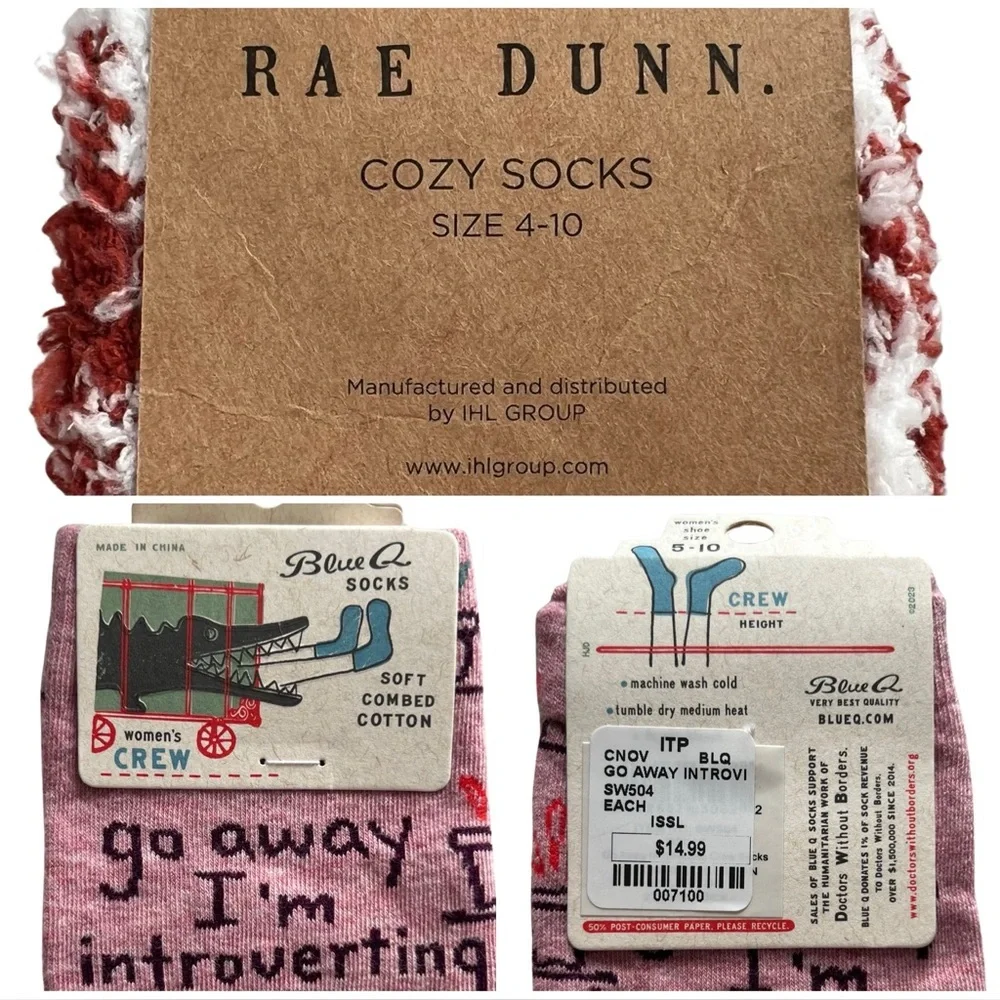 Socks Lot Rae Dunn Buffalo Plaid + Blue Q Introvert White Rust Pink Purple 4-10